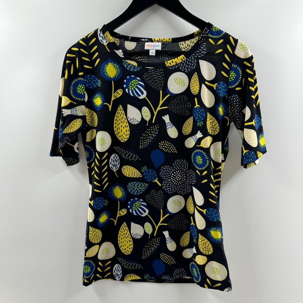 LuLaRoe Black Short Sleeve Tee with Blue, Yellow & Cream Floral Print